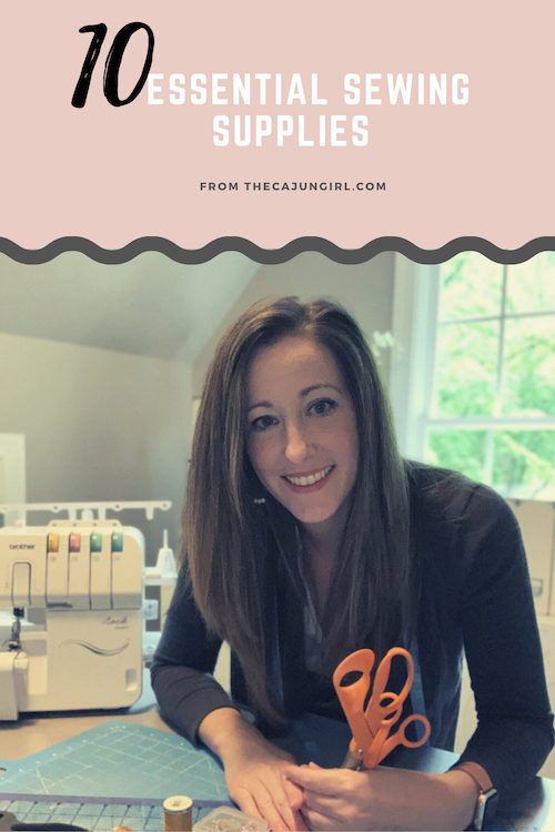 10 Essential Sewing Tools and supplies for beginners photo of woman holding scissors with serger in the background